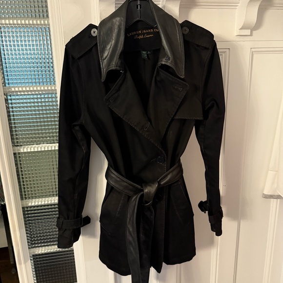 RALPH LAUREN Womens Black Denim Trench Coat Jacket Leather Collar Vtg Sz M - Picture 5 of 12